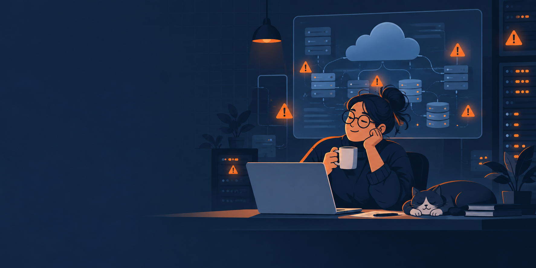 An original illustration of a calm engineer beside a cloud systems dashboard with warning lights.